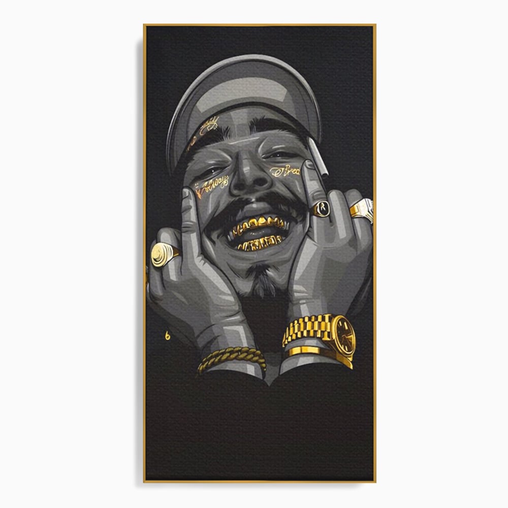 Tablou canvas cu tablou canvas cu portret post malone, in rama de aluminiu auriu
